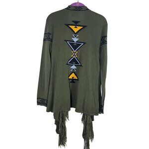 Kristin Nicole Sweater Women M Green Cardigan Fringe Boho Chevron Western Aztec
